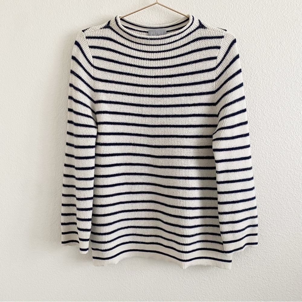 PURE Collection Wool Blend Funnel Mock Neck Striped Sweater 4 Small